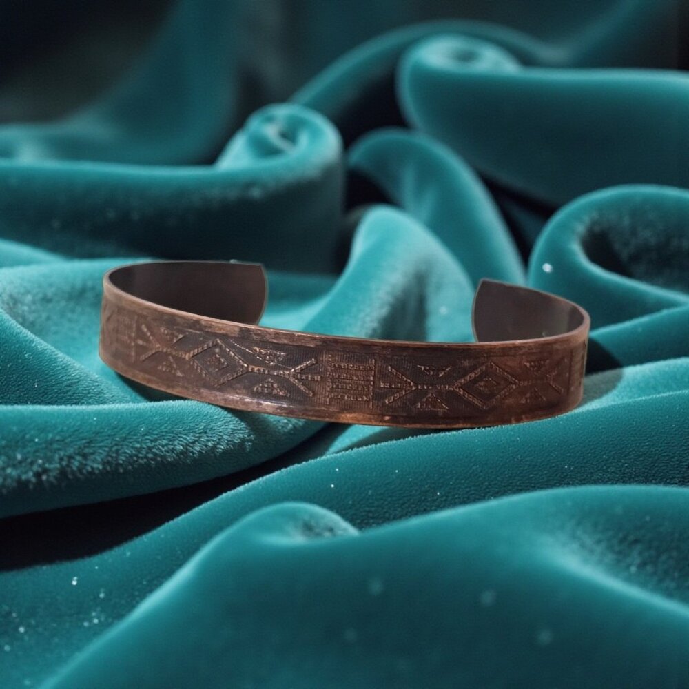VTG Copper Cuff Bracelet Southwest Pattern Unpolished‎ Boho Western